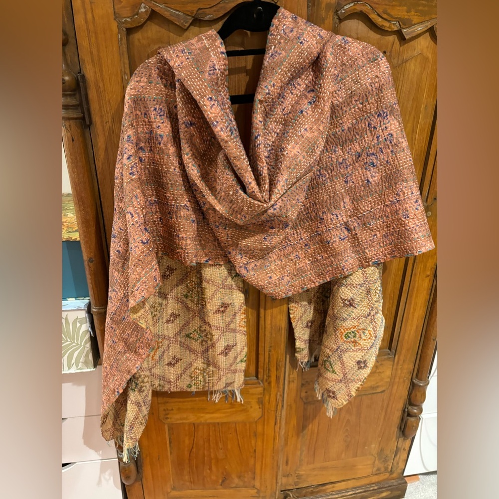 Pink and Gold Silk Kantha Scarf
